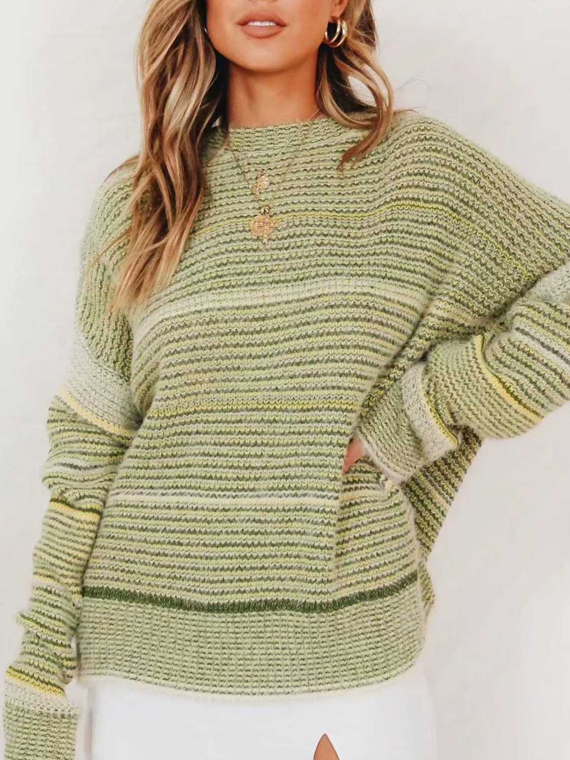 Light Green Stripe Long Sleeve Mohair Knit Sweater Choies