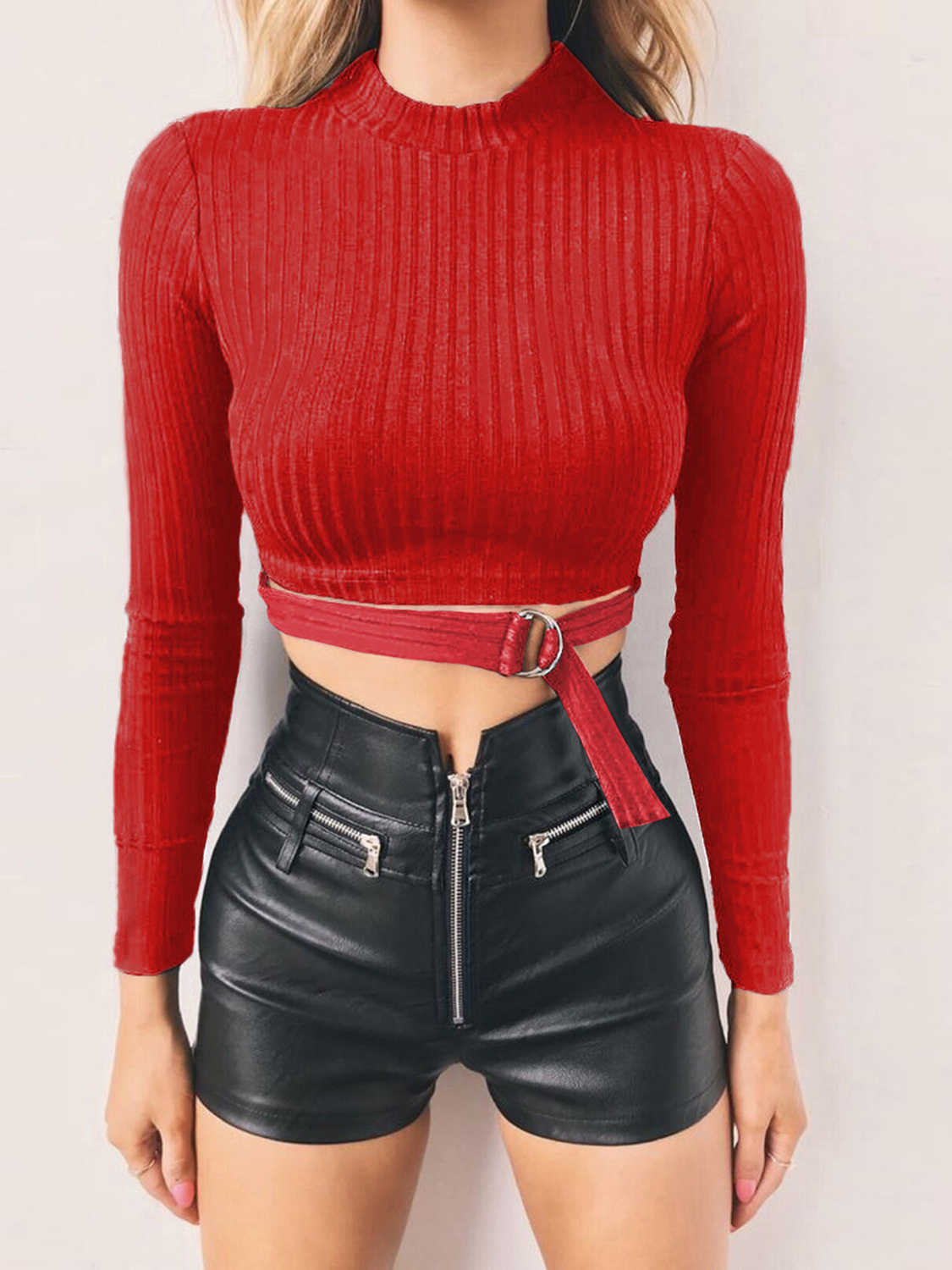 Red Ribbed Long Sleeve Crop Sweater | Choies