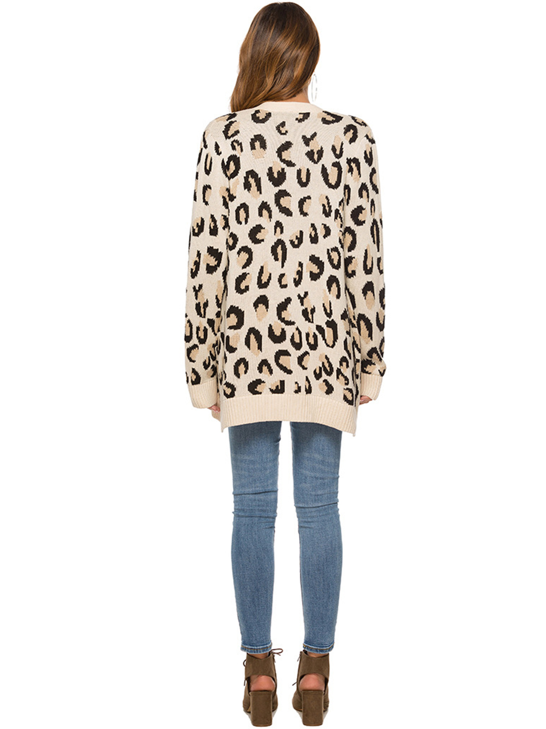 Khaki Leopard Print Long Sleeve Cardigan | Choies