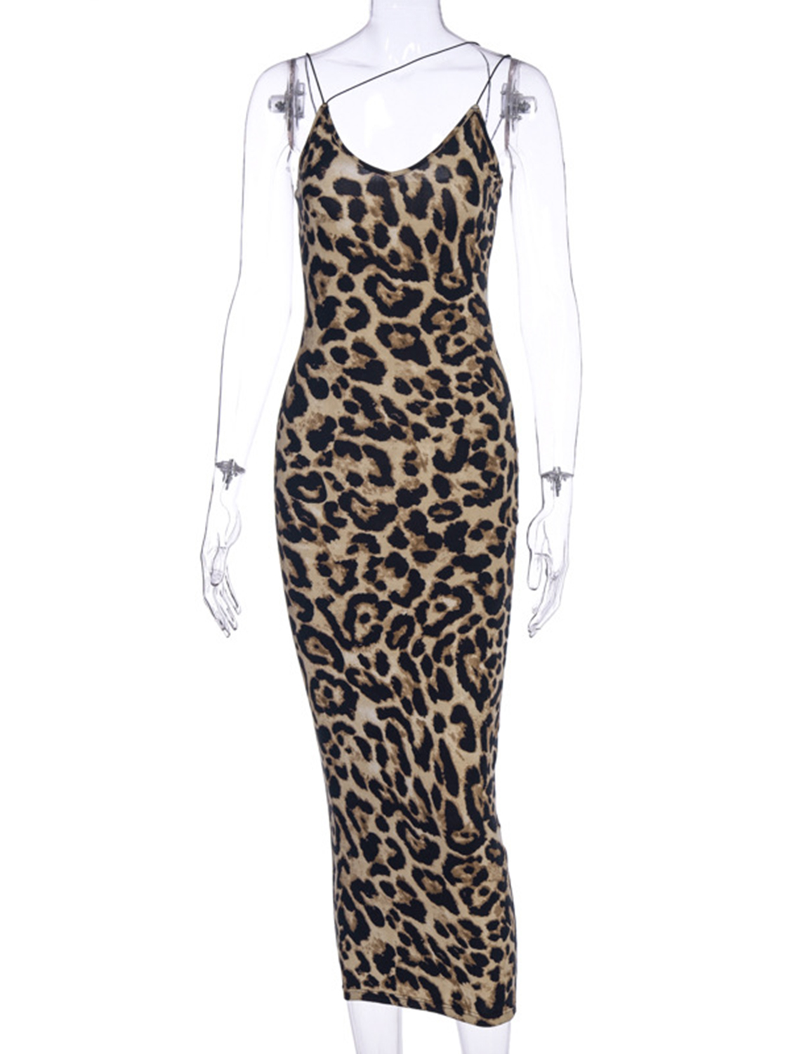 Brown V-neck Leopard Print Cami Maxi Dress | Choies