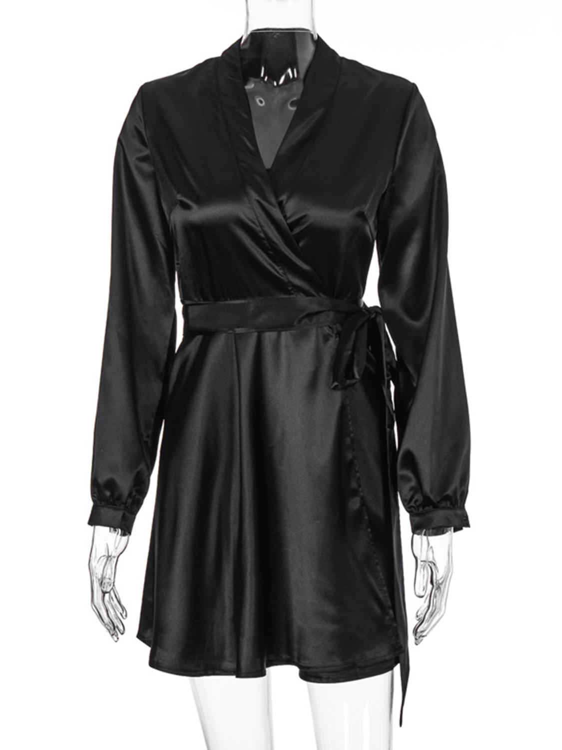 Black V-neck Tie Waist Long Sleeve Mini Dress | Choies