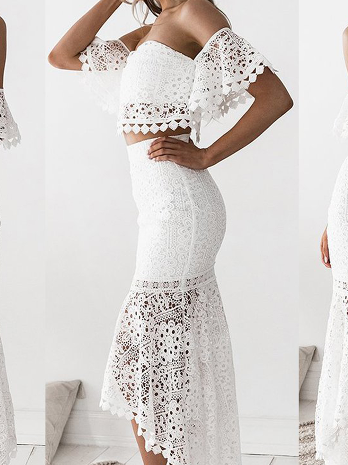 White Off Shoulder Fishtail Hem Lace Bodycon Dress | Choies