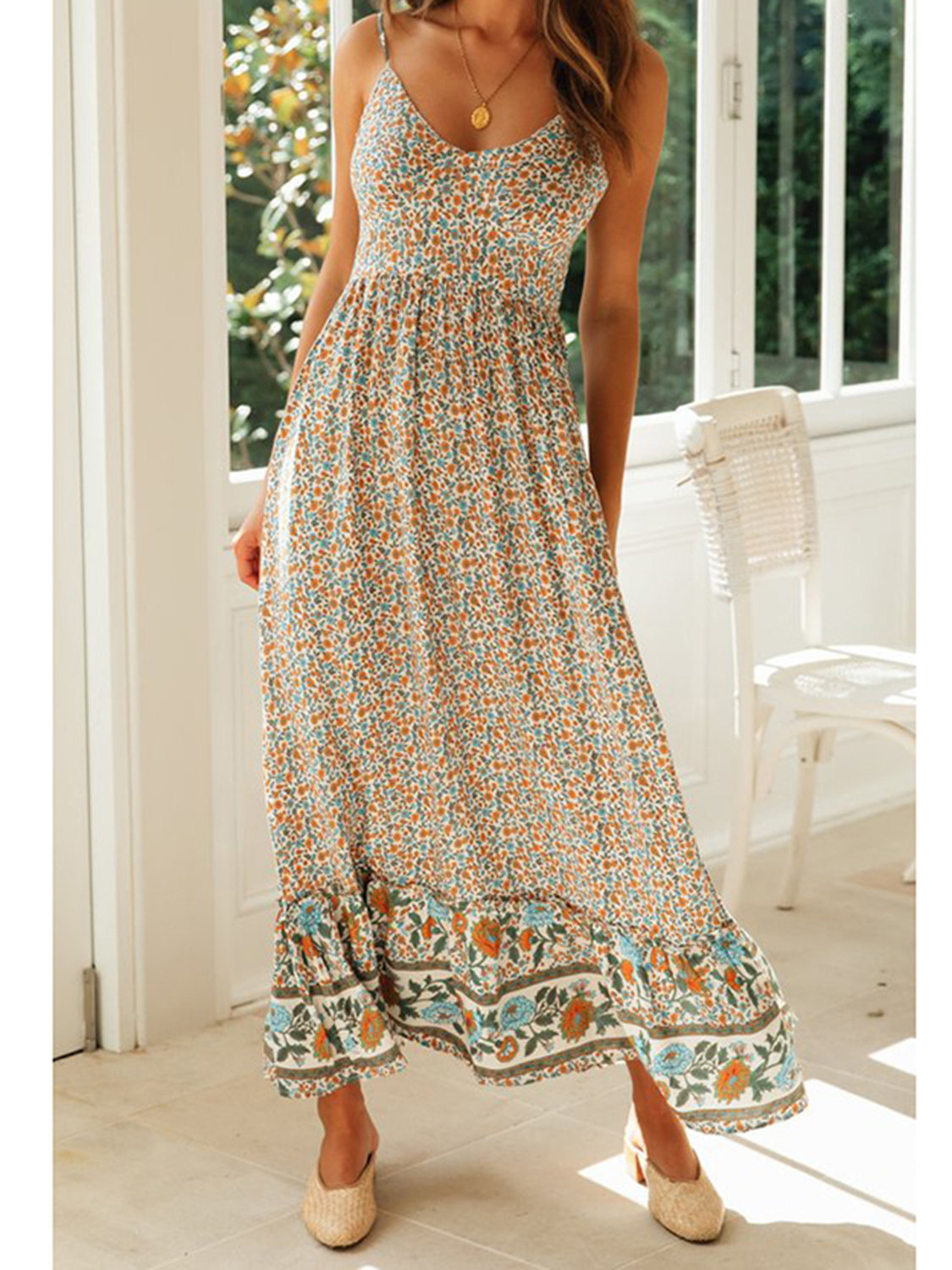 Beige Plunge Floral Print Cami Maxi Dress | Choies