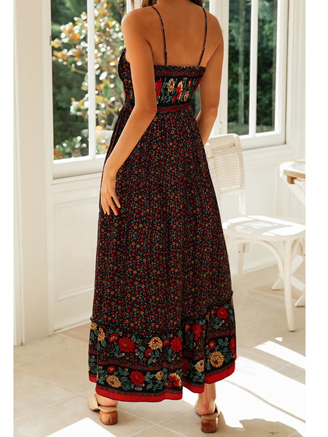 Black Plunge Floral Print Cami Maxi Dress | Choies
