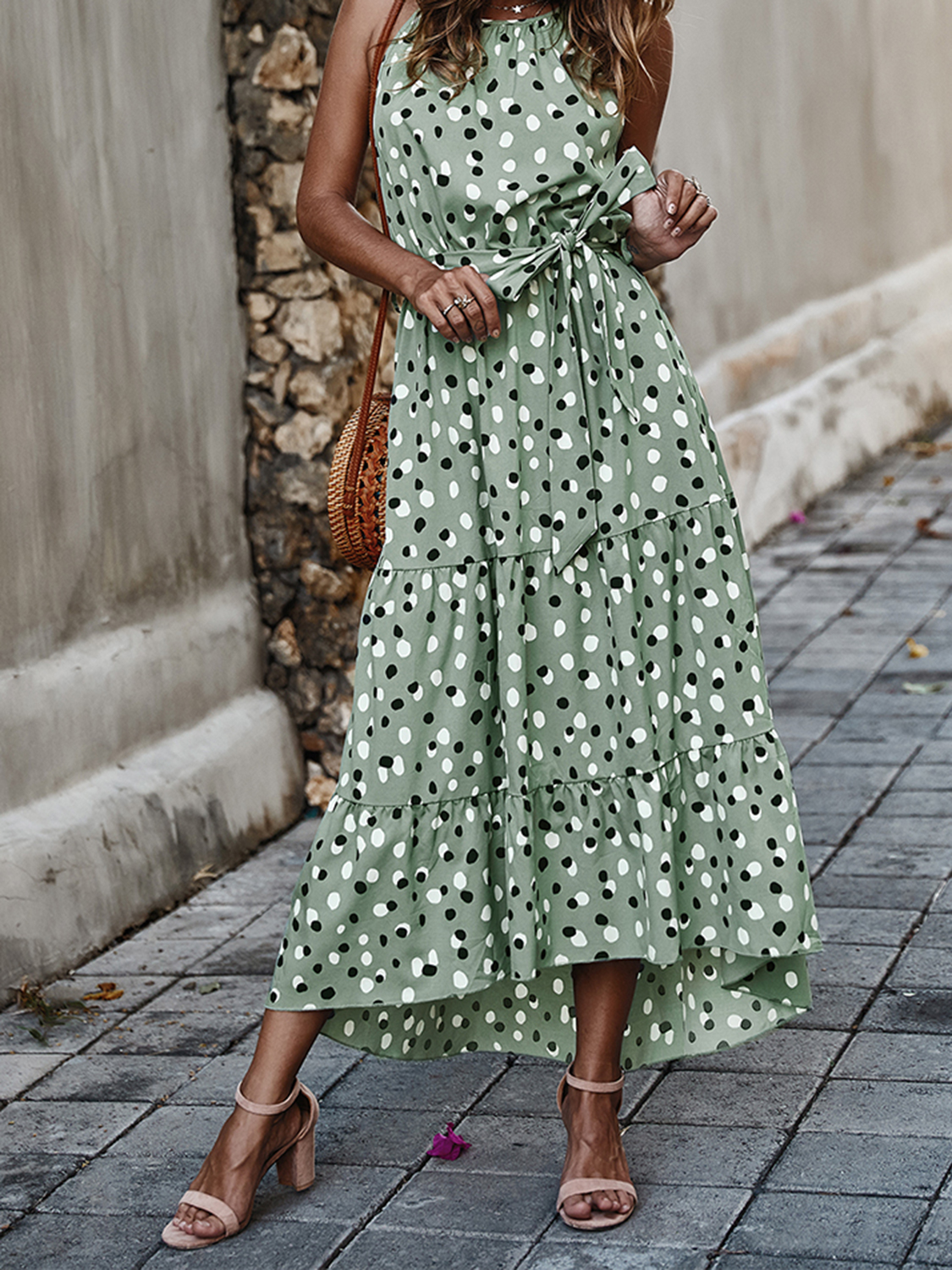 Light Green Polka Dot Print Sleeveless Maxi Dress Choies