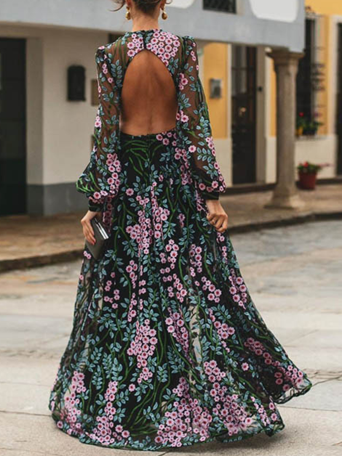 Black Floral Print Open Back Long Sleeve Maxi Dress | Choies