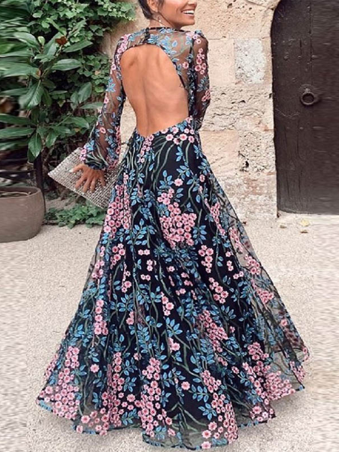 Black Floral Print Open Back Long Sleeve Maxi Dress | Choies