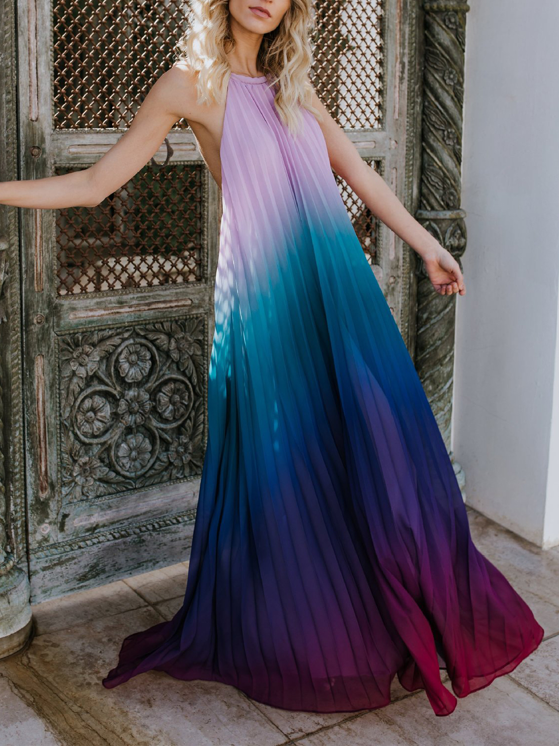 Purple Dip Dye Halter Open Back Sleeveless Maxi Dress | Choies