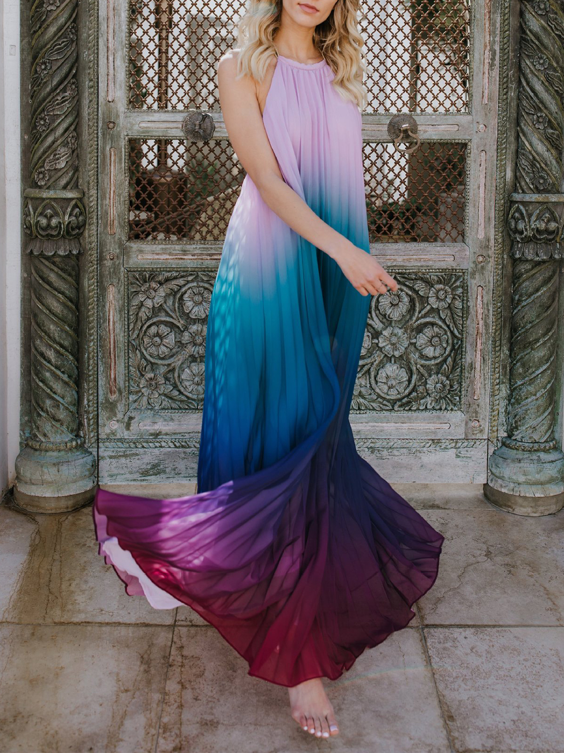 Purple Dip Dye Halter Open Back Sleeveless Maxi Dress | Choies