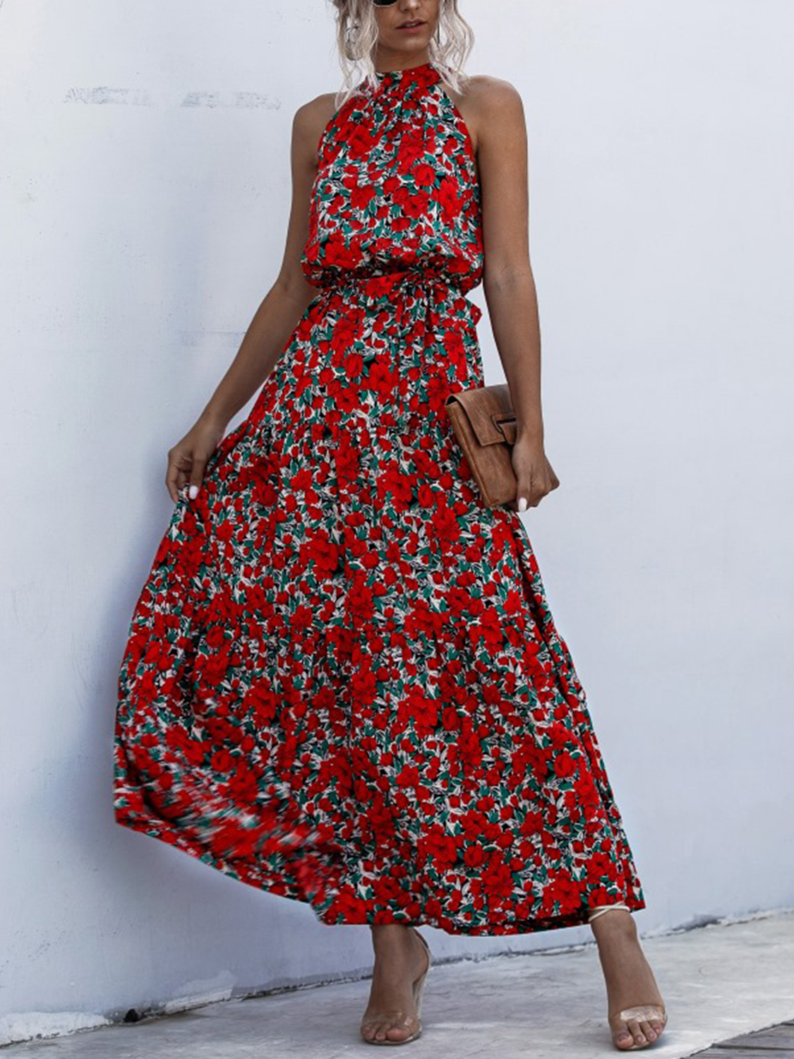 Red Floral Print Sleeveless Maxi Dress | Choies