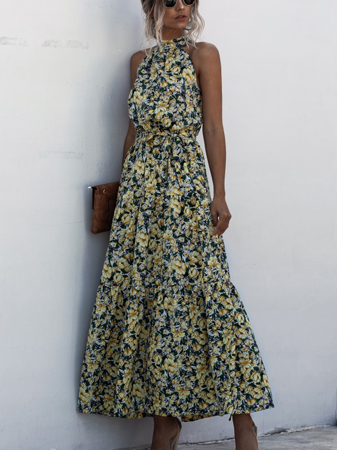 Yellow Floral Print Sleeveless Maxi Dress | Choies