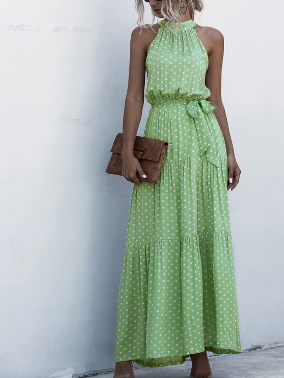 Green Polka Dot Print Sleeveless Maxi Dress | Choies