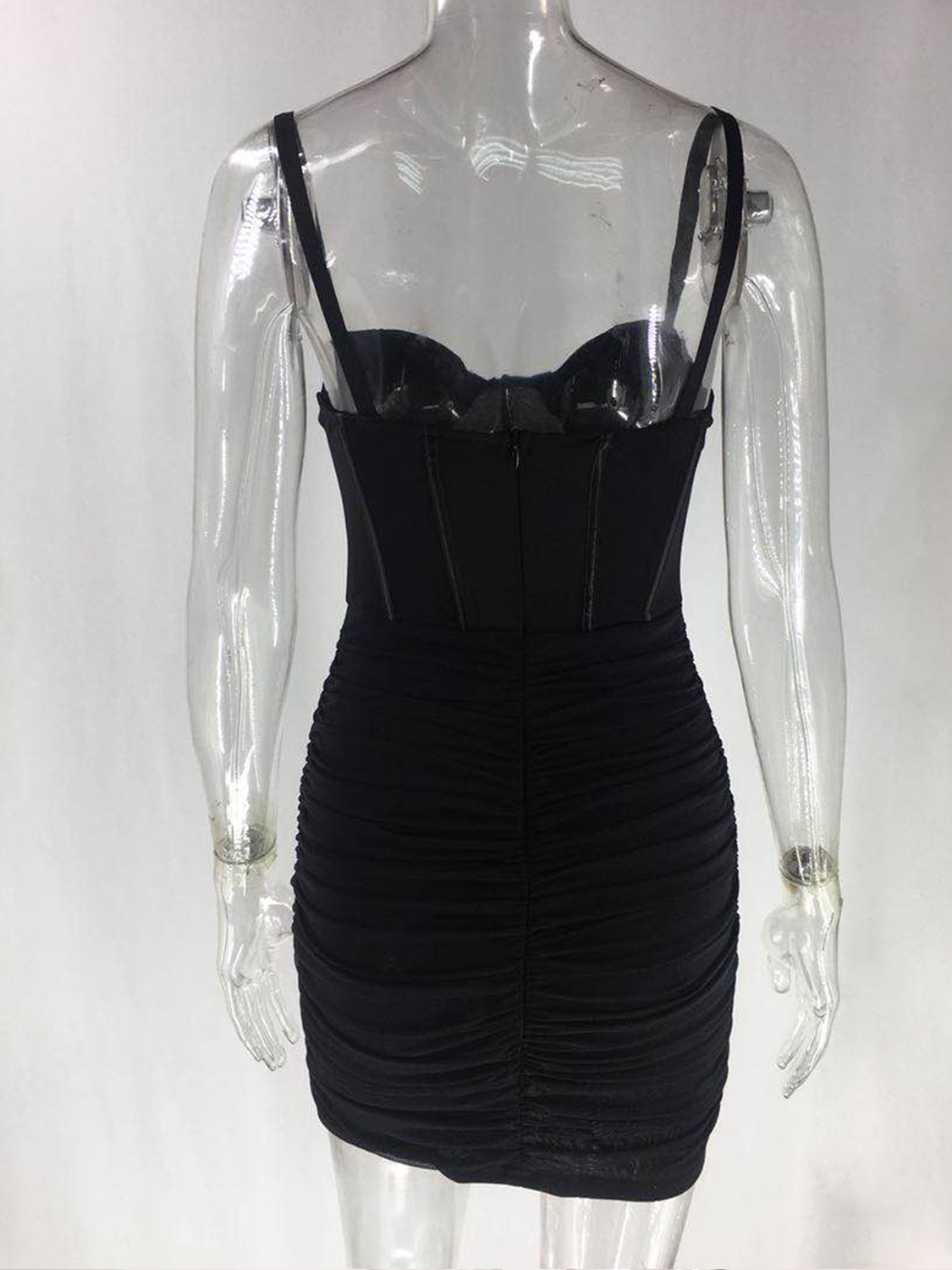 Lace v neck zip-up ruched cami mini dress