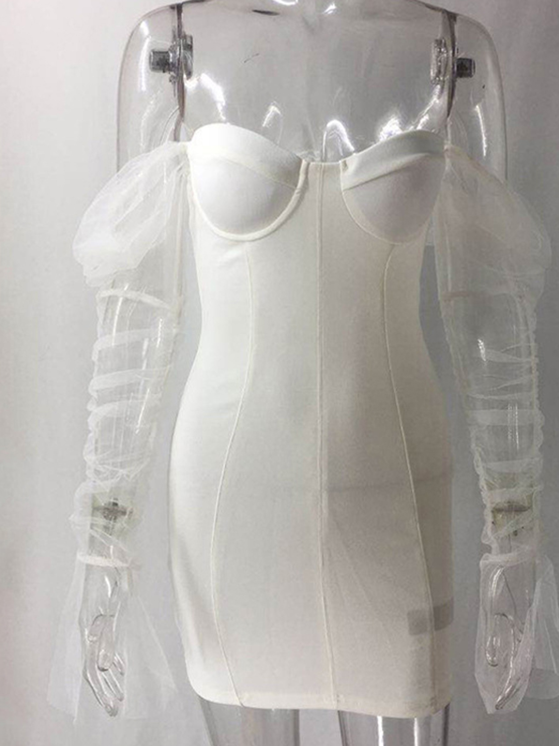 White V-neck Puff Sleeve Bodycon Mini Dress | Choies