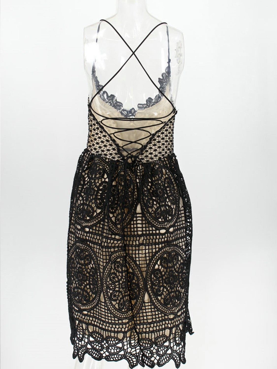 Lace hem v neck zip-up cross back cami maxi dress  | Festival Outfits Women