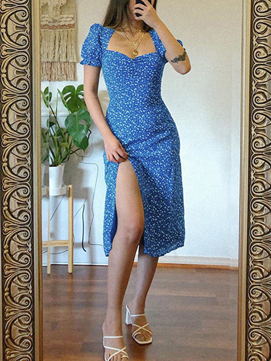 Blue Floral Print Mini Dress