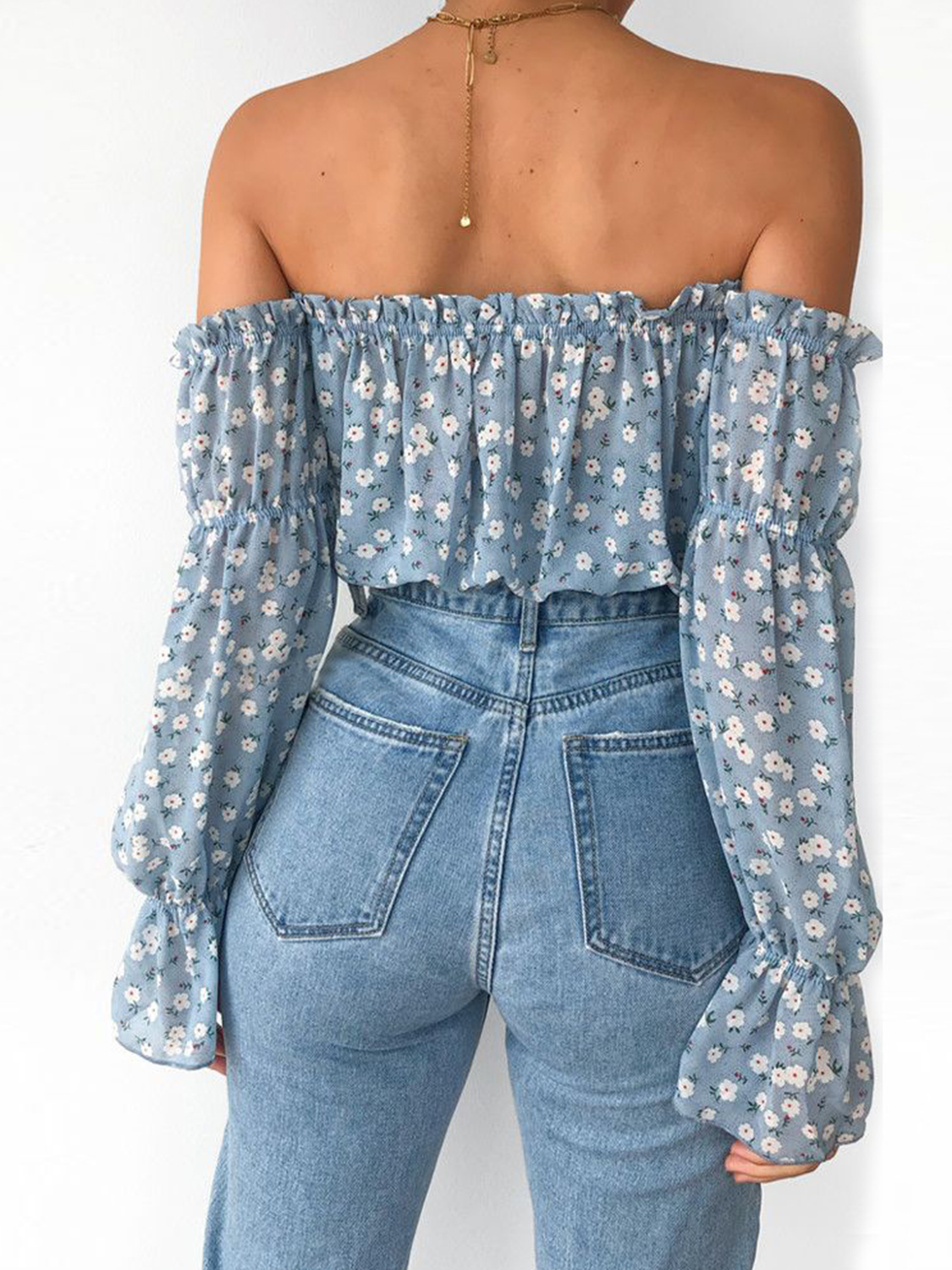 Blue Off Shoulder Floral Print Long Sleeve Crop Top Choies