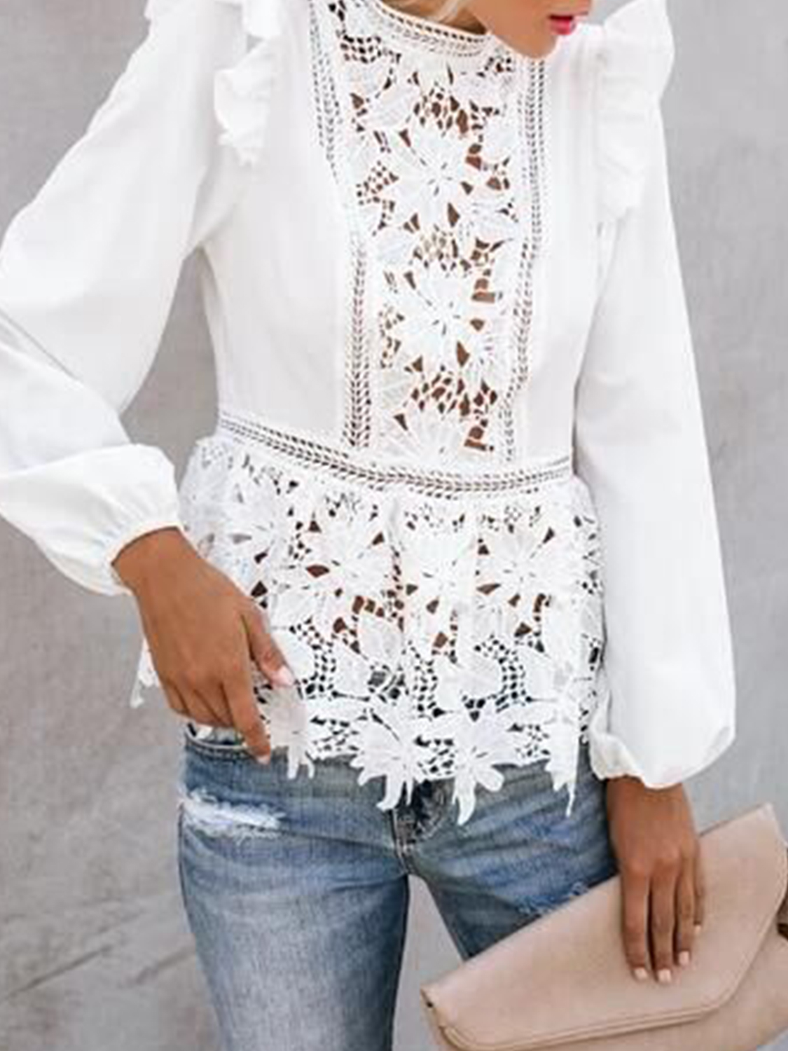 White Ruffle Trim Puff Sleeve Blouse | Choies