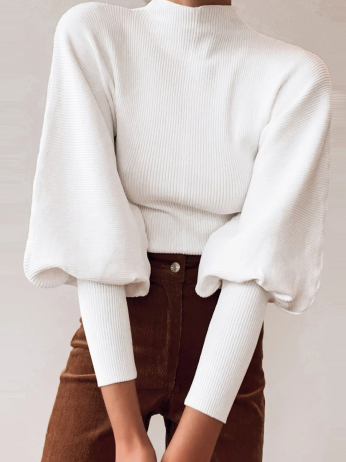 White High Neck Puff Sleeve Sweater Choies