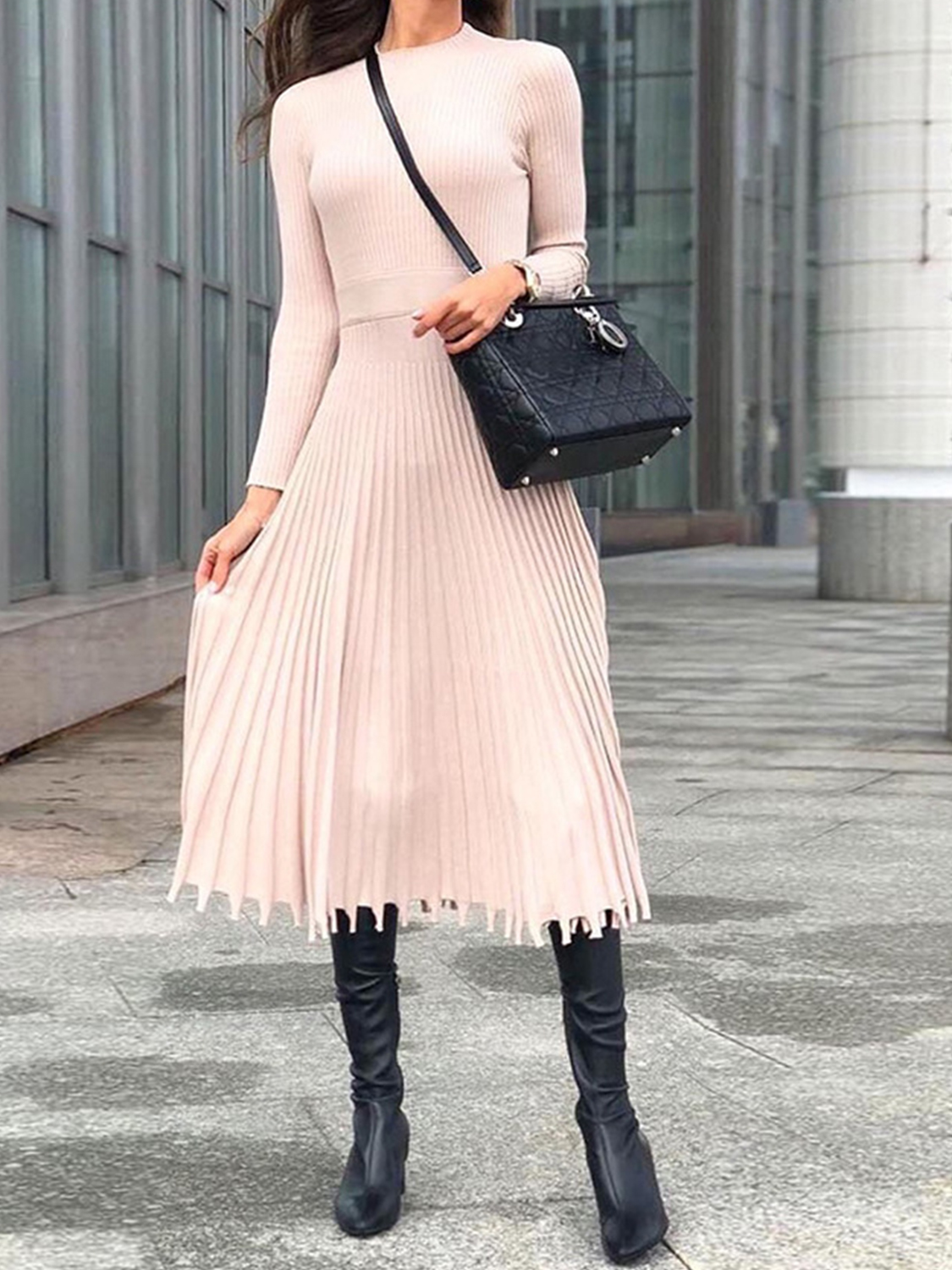 Nude Pleated Detail Long Sleeve Midi Dress | Choies