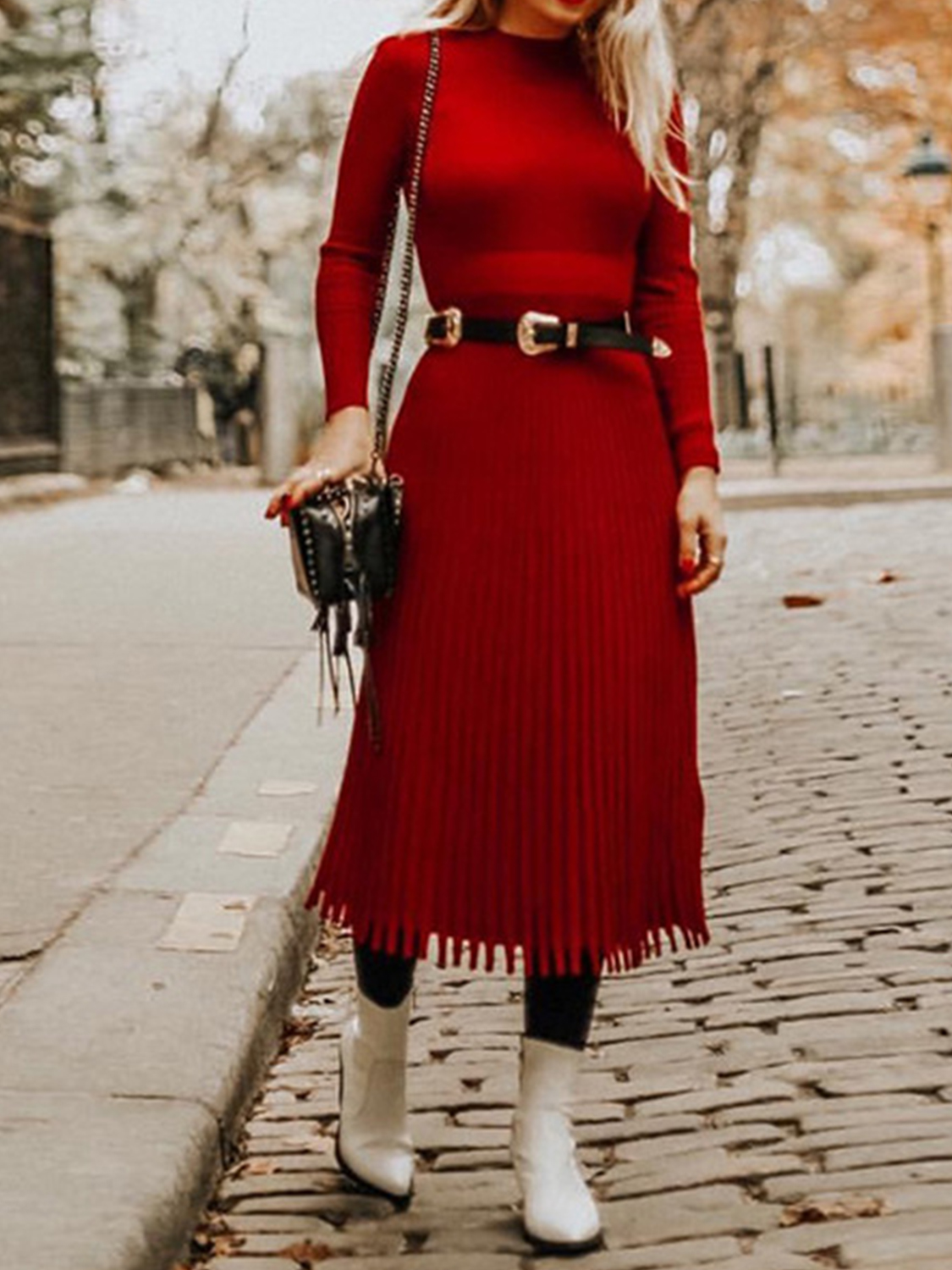Red Pleated Detail Long Sleeve Midi Dress | Choies