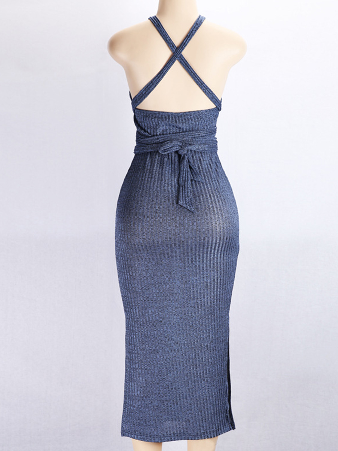 Blue Ribbed Halter Open Back Maxi Dress | Choies