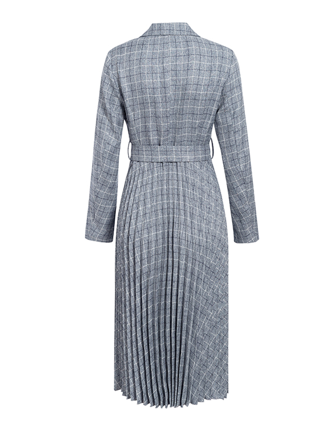 Gray Plaid Pleated Detail Long Sleeve Midi Dress | Choies