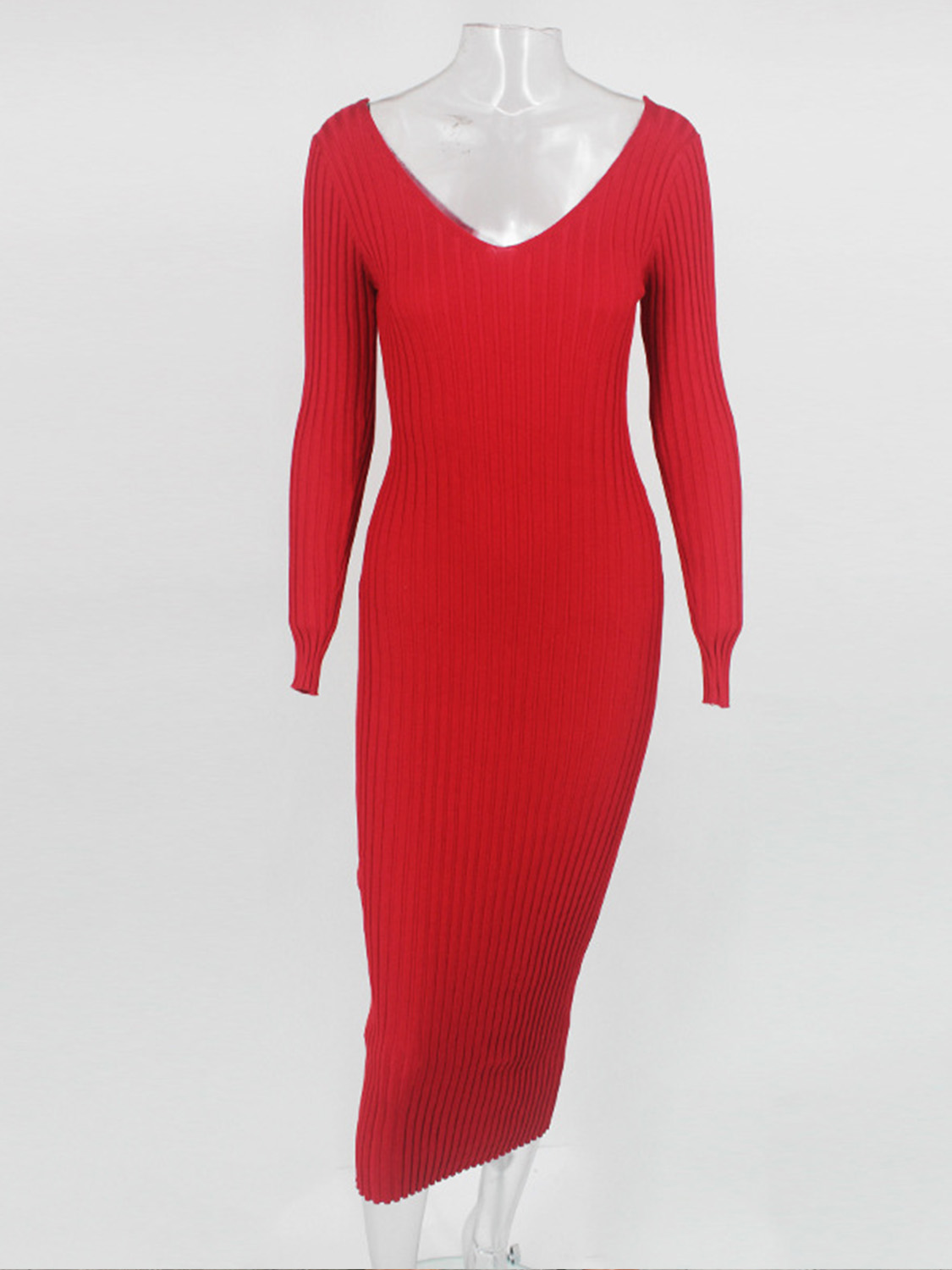 Red Ribbed V-neck Long Sleeve Maxi Dress | Choies