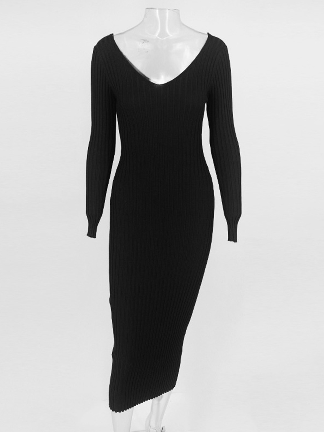 Black Ribbed V Neck Long Sleeve Maxi Dress Choies 3331