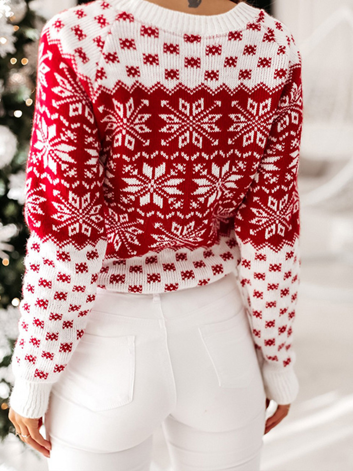 Red Christmas Snow Print Long Sleeve Sweater | Choies